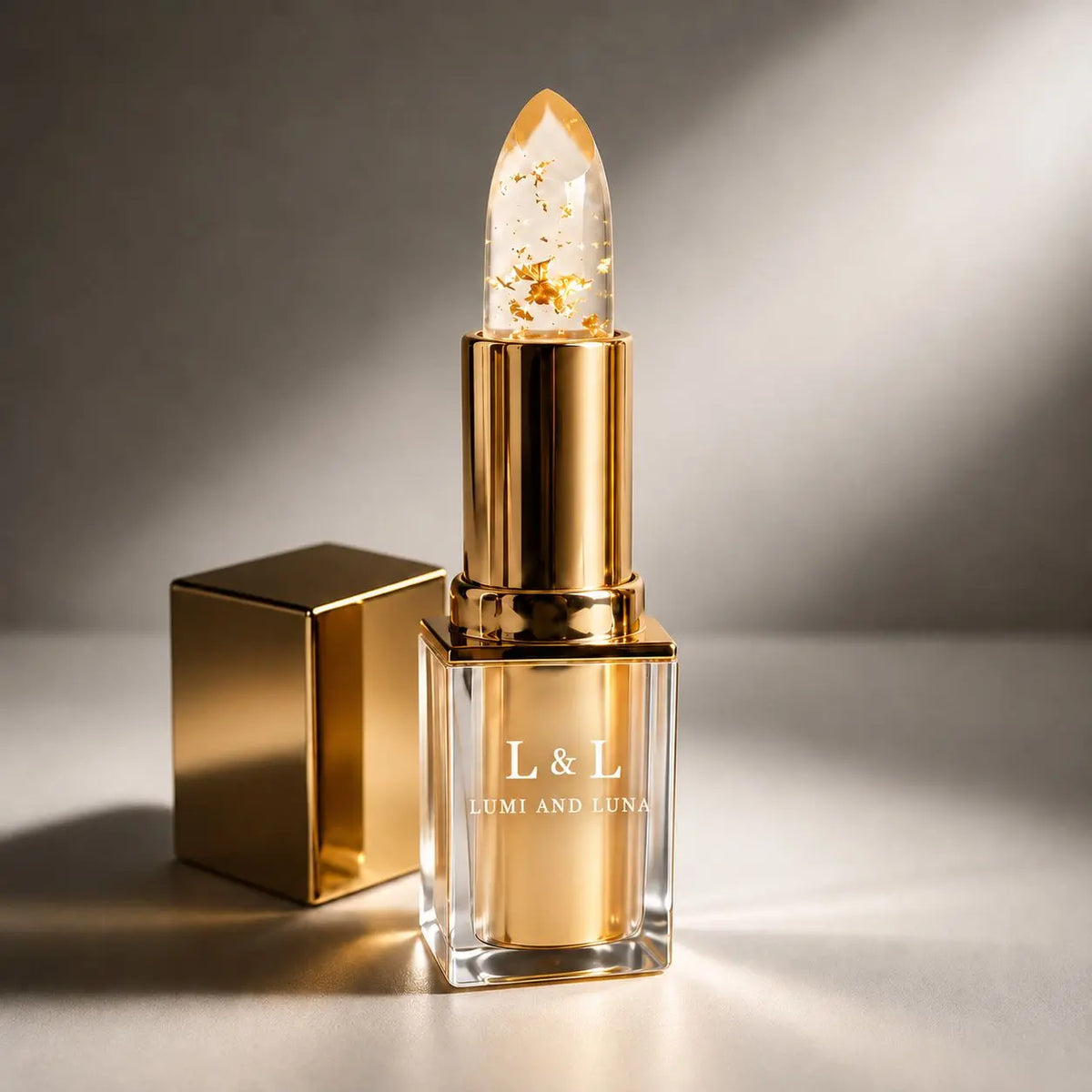 Lumi & Luna color-adapting lipstick in a gold case with a clear bullet filled with gold flakes Image