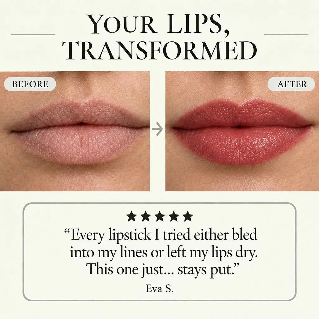 Before and after close-up of lips with Lumi & Luna color-adapting lipstick