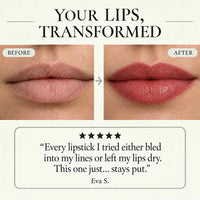 Before and after close-up of lips with Lumi & Luna color-adapting lipstick