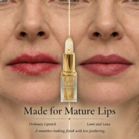 Close-up of mature lips comparing an ordinary lipstick with Lumi & Luna lipstick