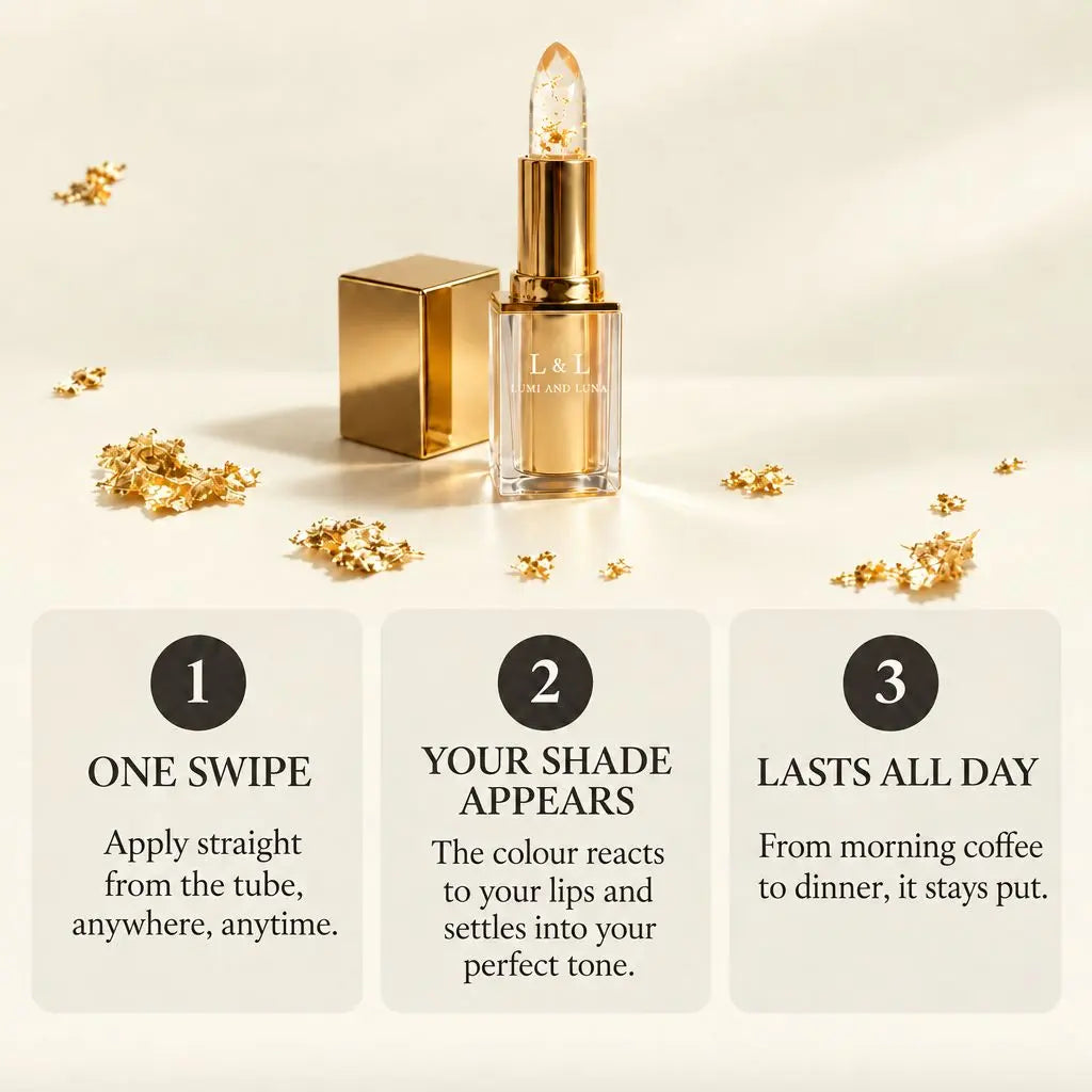 Lumi & Luna lipstick with gold flakes and three steps: one swipe, your shade appears, wear it all day