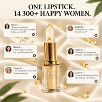 Lumi & Luna lipstick on cream satin surrounded by gold flakes and short quotes