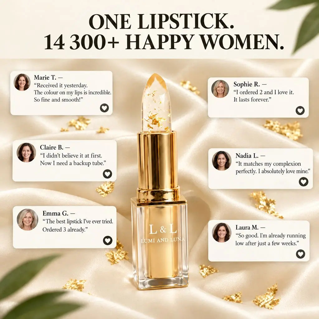 Lumi & Luna lipstick on cream satin surrounded by gold flakes and short quotes