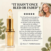 Lumi & Luna gold lipstick next to a quote card with a mature woman's photo