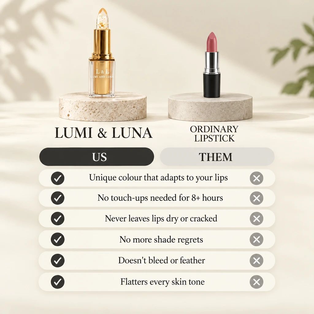 Comparison chart of Lumi & Luna lipstick versus an ordinary lipstick