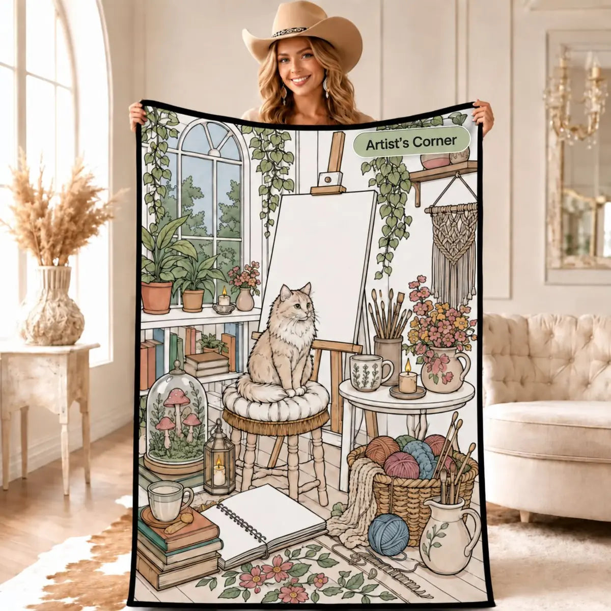 Woman holding the Artist's Corner coloring blanket design featuring a cat in an art studio scene