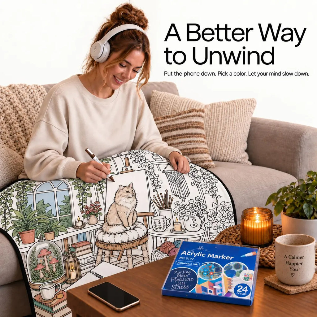 Woman coloring the Artist's Corner design on a Lumi & Luna coloring blanket
