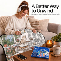 Woman coloring the Artist's Corner design on a Lumi & Luna coloring blanket