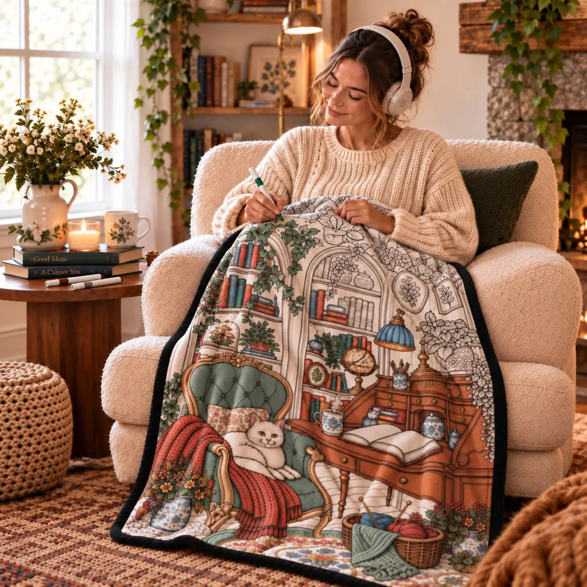 Woman coloring the Reading Nook design coloring blanket while relaxing with headphones on