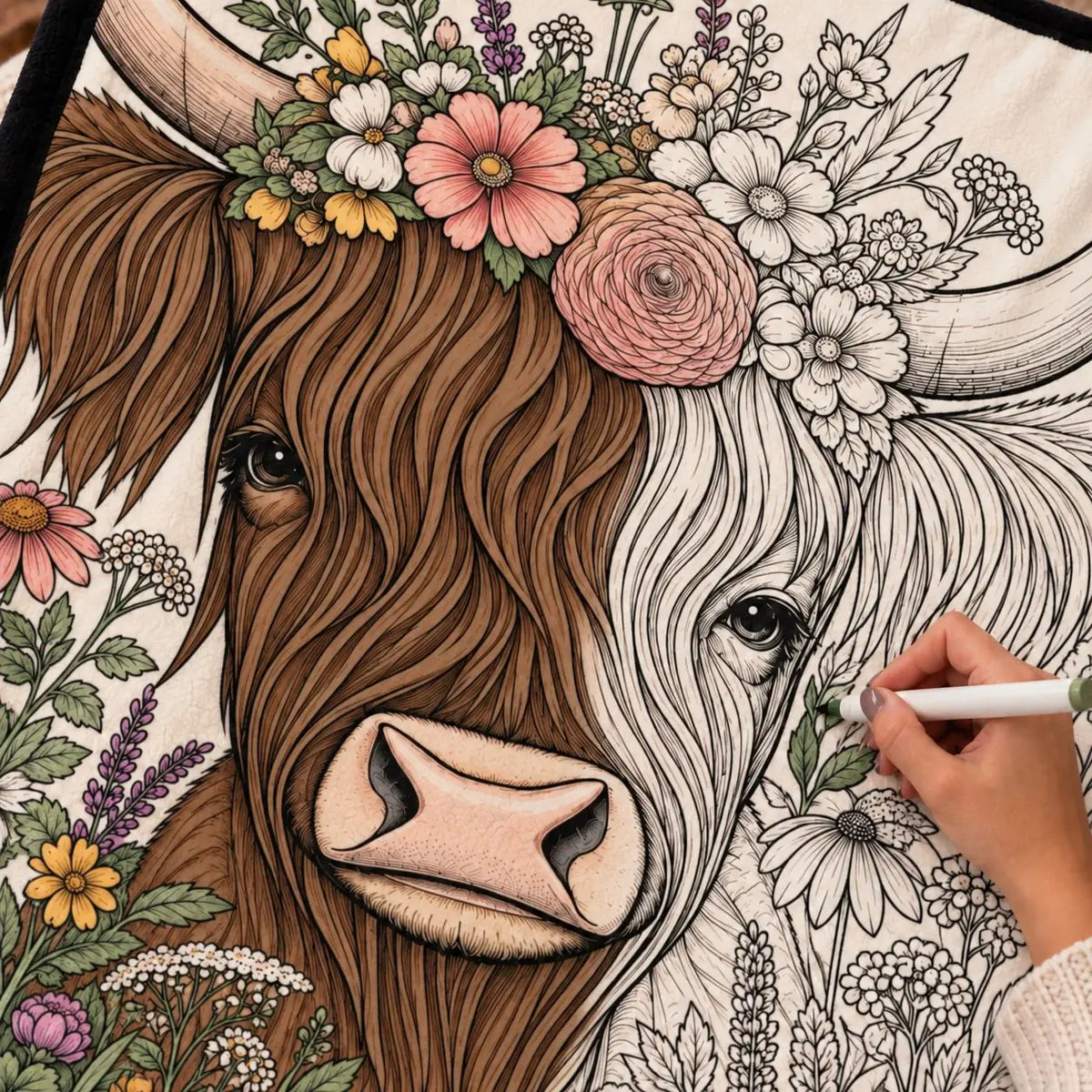 Meadow Muse Highland cow coloring blanket design with wildflower crown, unfolded on the couch Image
