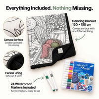 Coloring blanket flat lay with 24 included washable fabric markers and canvas surface detail
