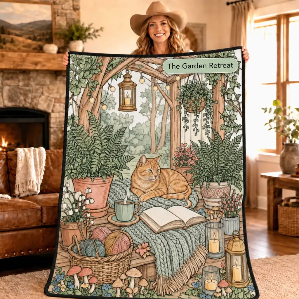 Woman holding the Garden Retreat coloring blanket design featuring a cat in a garden pergola scene