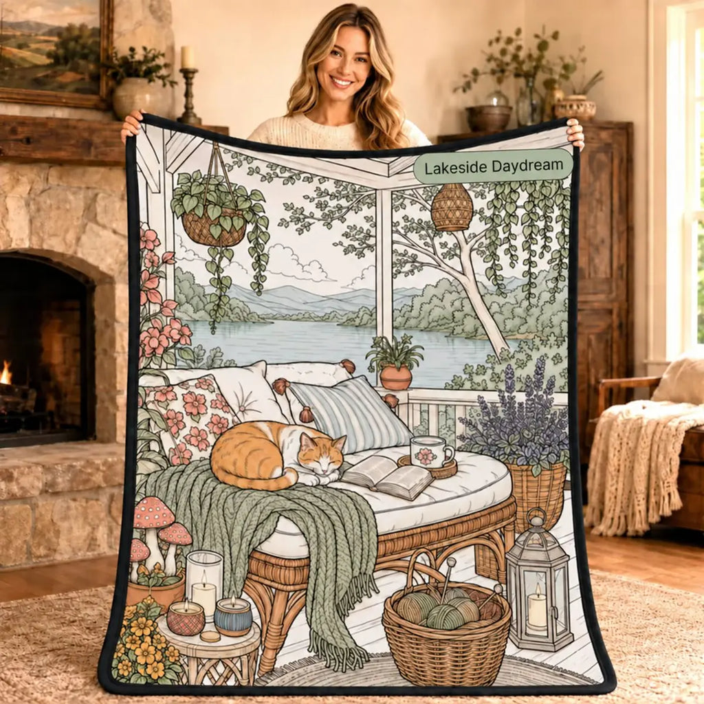Woman holding the Lakeside Daydream coloring blanket design featuring a cat napping by a lake
