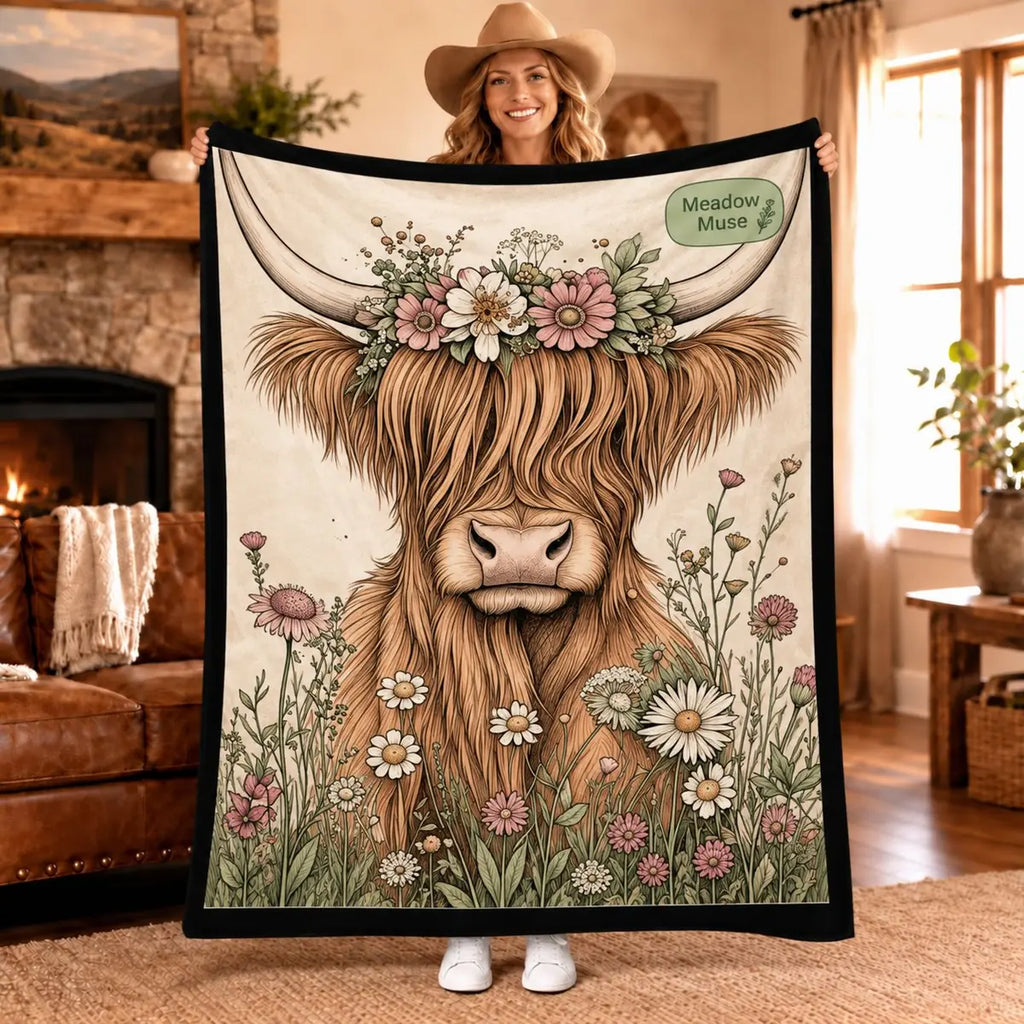 Meadow Muse Highland cow coloring blanket design with wildflower crown, unfolded on the couch