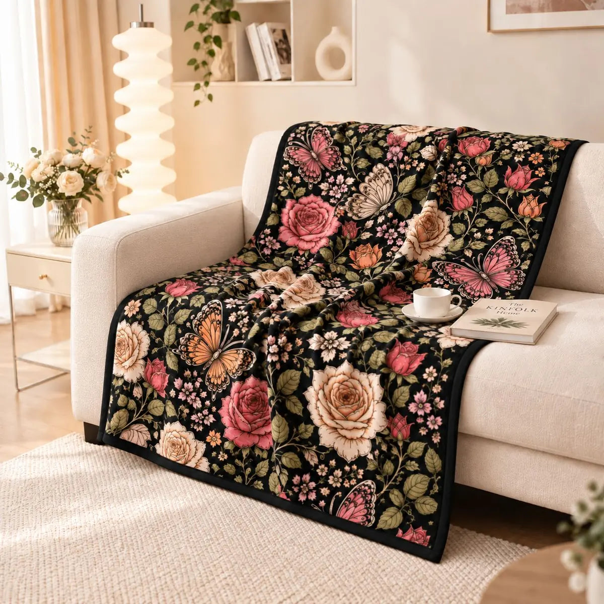 Midnight Garden floral and butterfly coloring blanket design on a black background Image