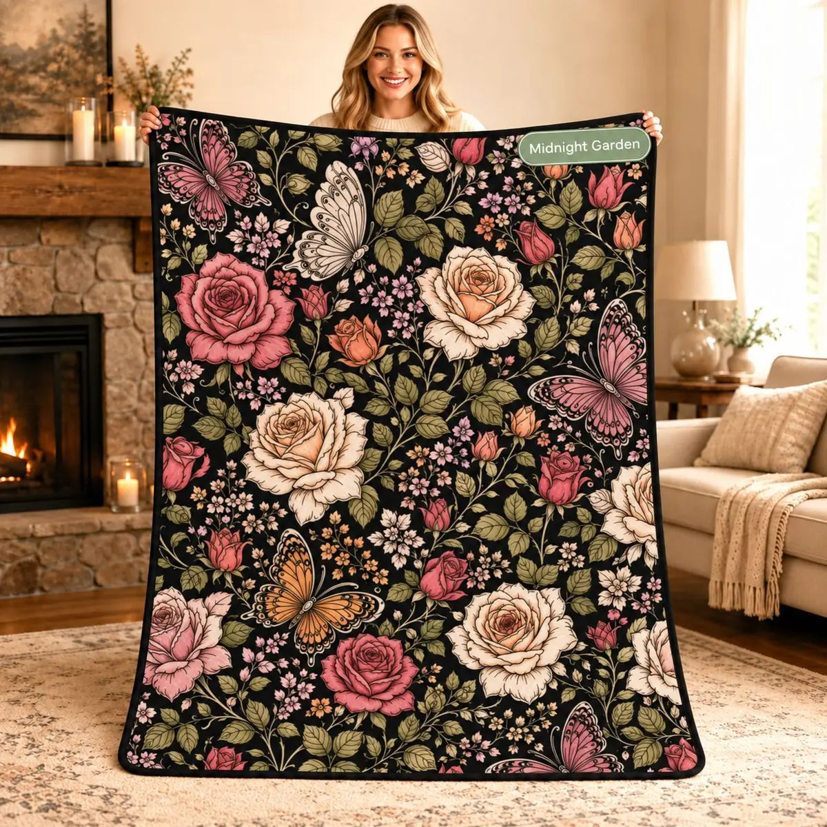Midnight Garden floral and butterfly coloring blanket design on a black background