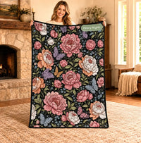 Peony Nights floral and butterfly coloring blanket design on a black background