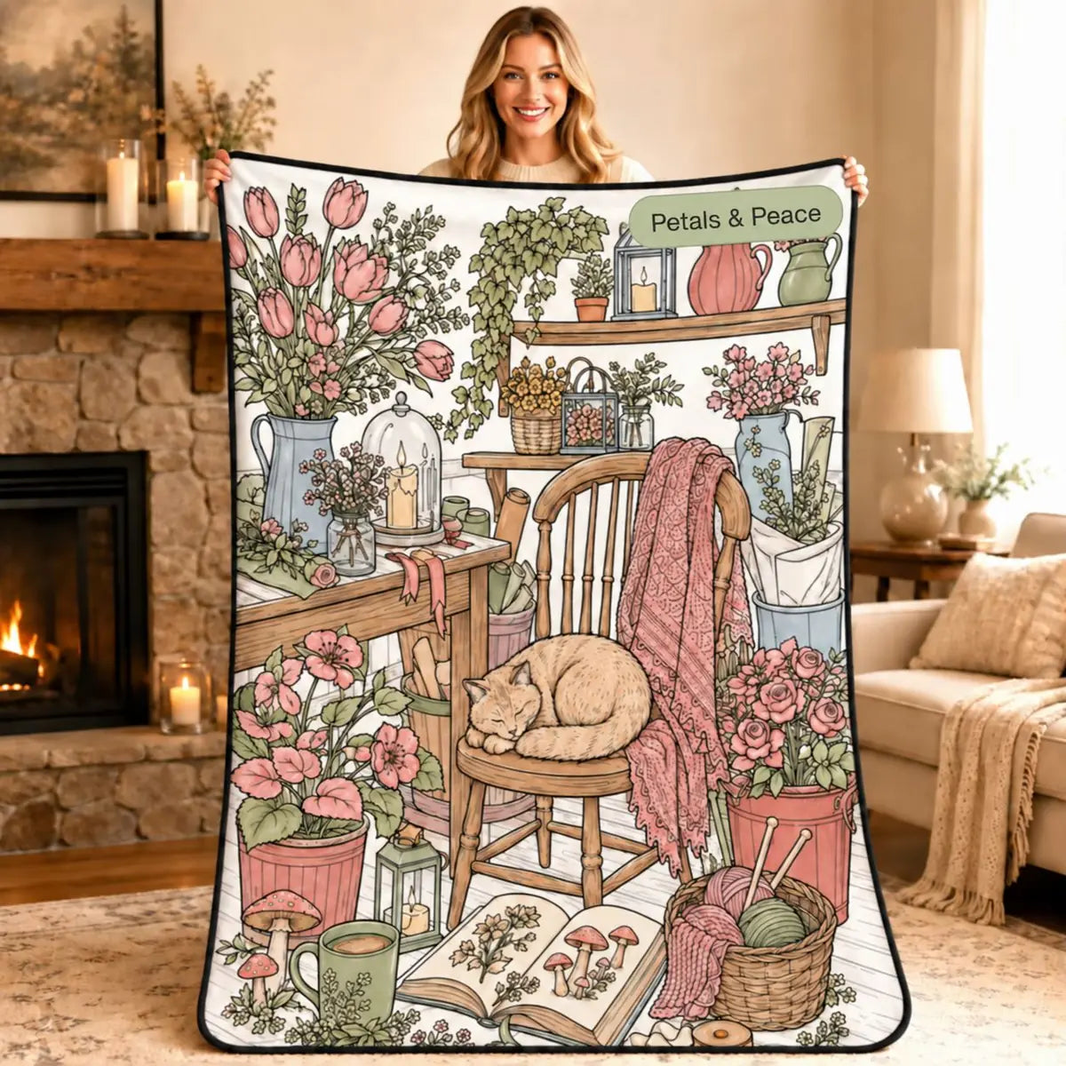 Woman holding the Petals and Peace coloring blanket design featuring a sleeping cat among flowers