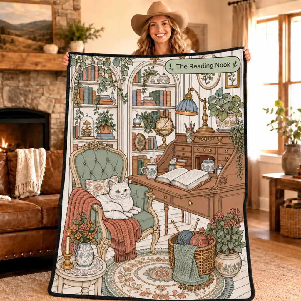 Woman holding the Reading Nook coloring blanket design featuring a cat in a cozy library corner
