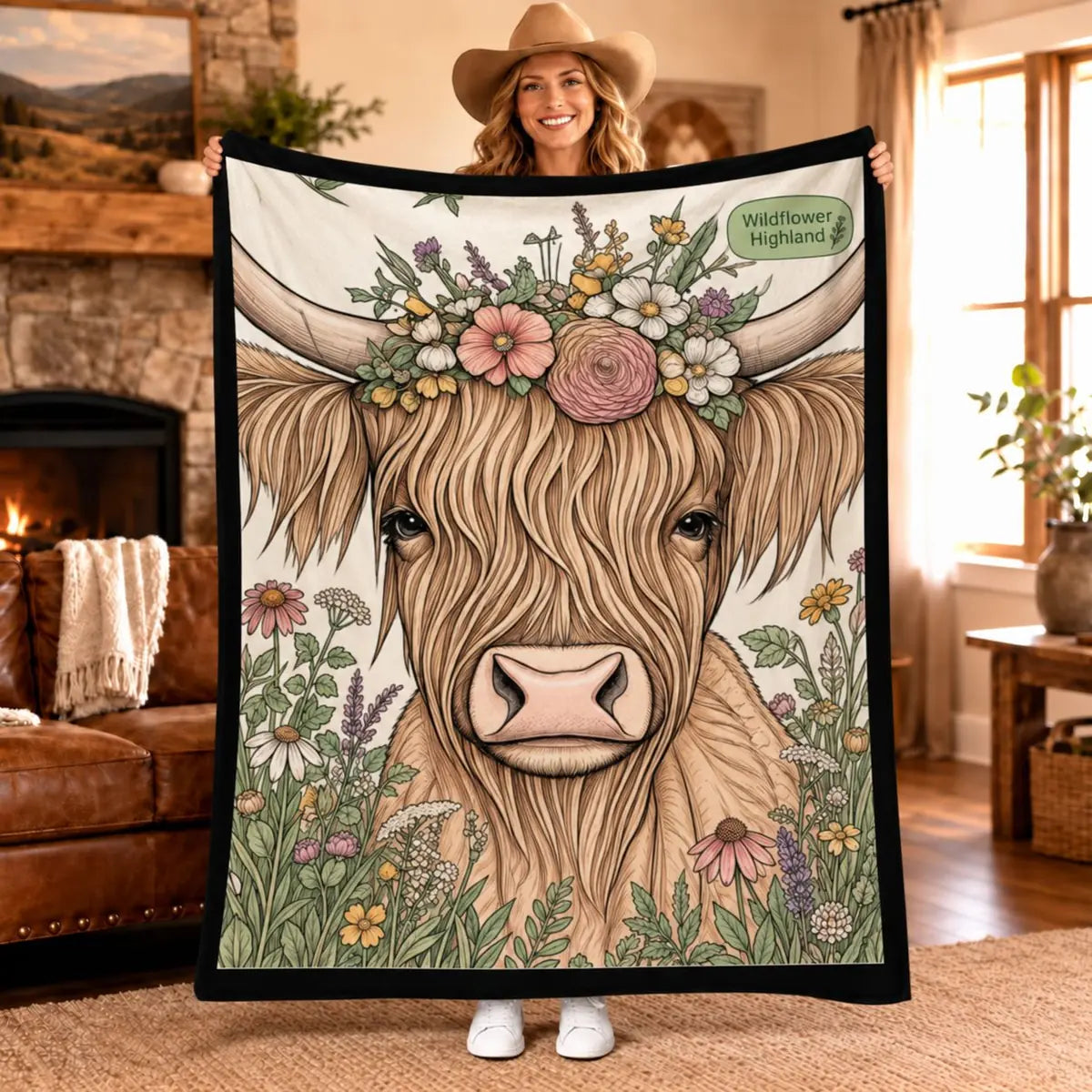 Wildflower Highland cow coloring blanket design with floral crown, unfolded on the couch